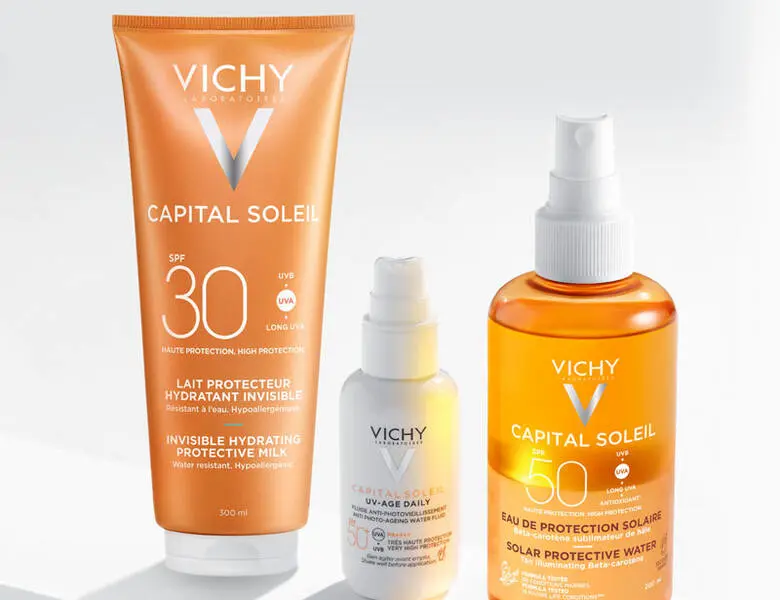 Her ses tre Vichy produkter på en hvid baggrund.