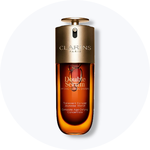 Clarins Double Serum Complete Age-Defying Concentrate i gylden flaske med to faser.