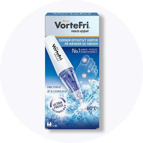 VorteFri Freeze Excel mod vorter i blå og hvid emballage på lys grå baggrund.