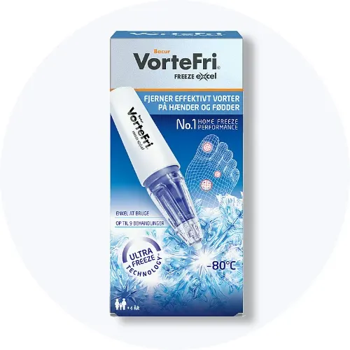 VorteFri Freeze Excel mod vorter i blå og hvid emballage på lys grå baggrund.