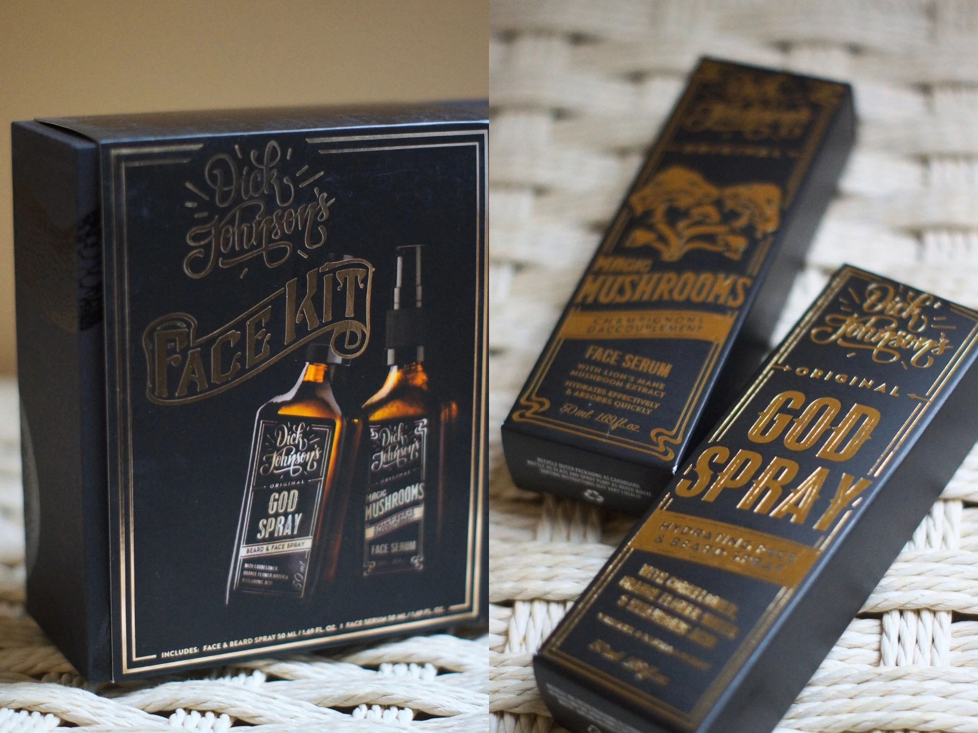 Dick Johnson's Face Kit gaveæske, God Spray og Magic Mushrooms Face Serum i sort og guldemballage.