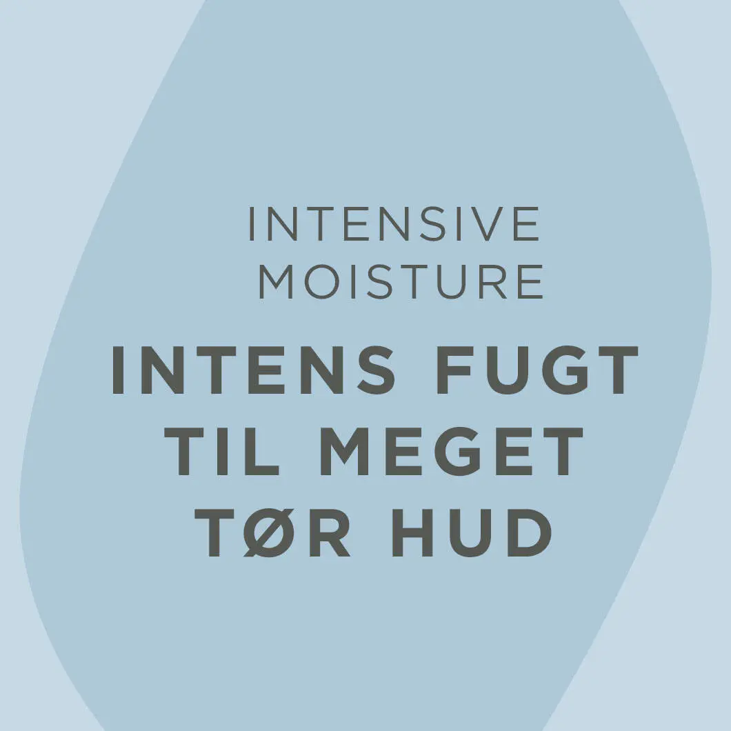 Grafisk billede med lyseblå baggrund og bløde former. I midten står teksten ‘Intensive Moisture’ og ‘Intens fugt til meget tør hud’ i mørke bogstaver.