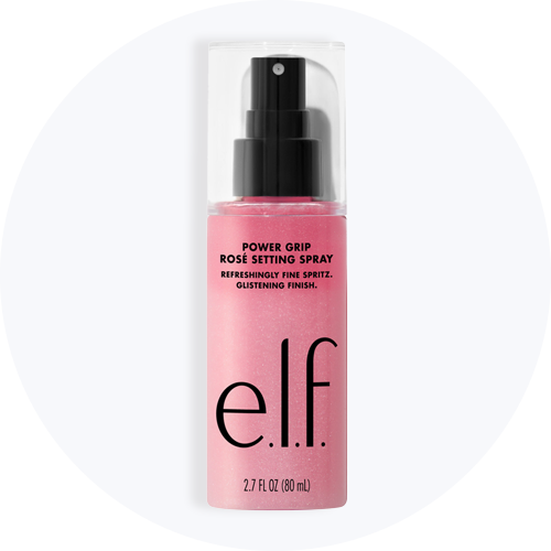elf Power Grip Rosé Setting Spray, 80 ml, lyserød flaske med sort pumpe og klar hætte, giver en glitrende finish.