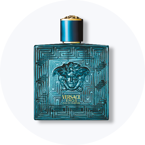 Blågrøn Versace Eros Eau de Parfum-flaske med græsk nøgle-mønster, guldfarvet Medusa-hoved og teksten 'VERSACE EROS EAU DE PARFUM'.