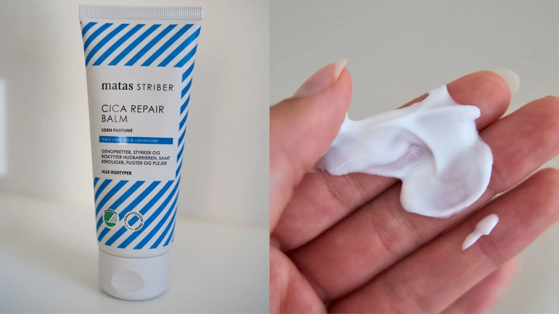 Hvid tube med blå striber af Matas Striber Cica Repair Balm. Hvid creme på hænder.