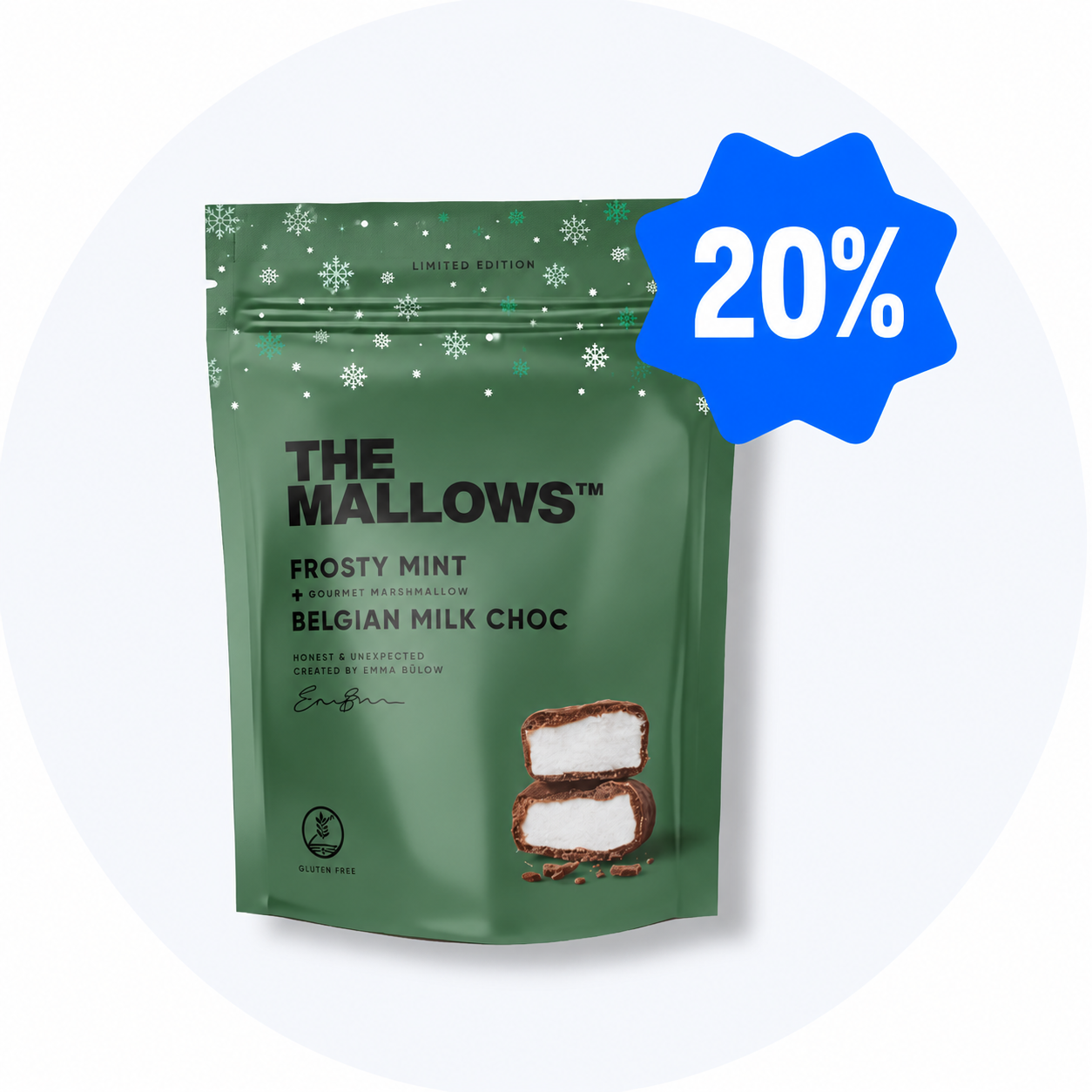 Grøn The Mallows Frosty Mint + Gourmet Skumfidus Belgisk Mælkechokolade pose med 20% rabat. Tekst: Begrænset oplag, Glutenfri.