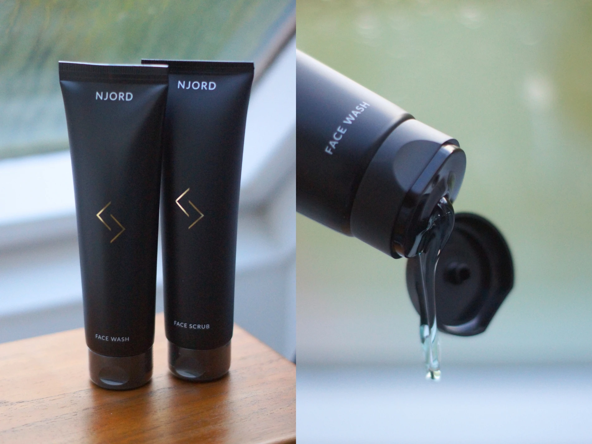 To sorte NJORD tuber, Face Wash og Face Scrub, med klar gel der dispenseres fra en vippet Face Wash tube.