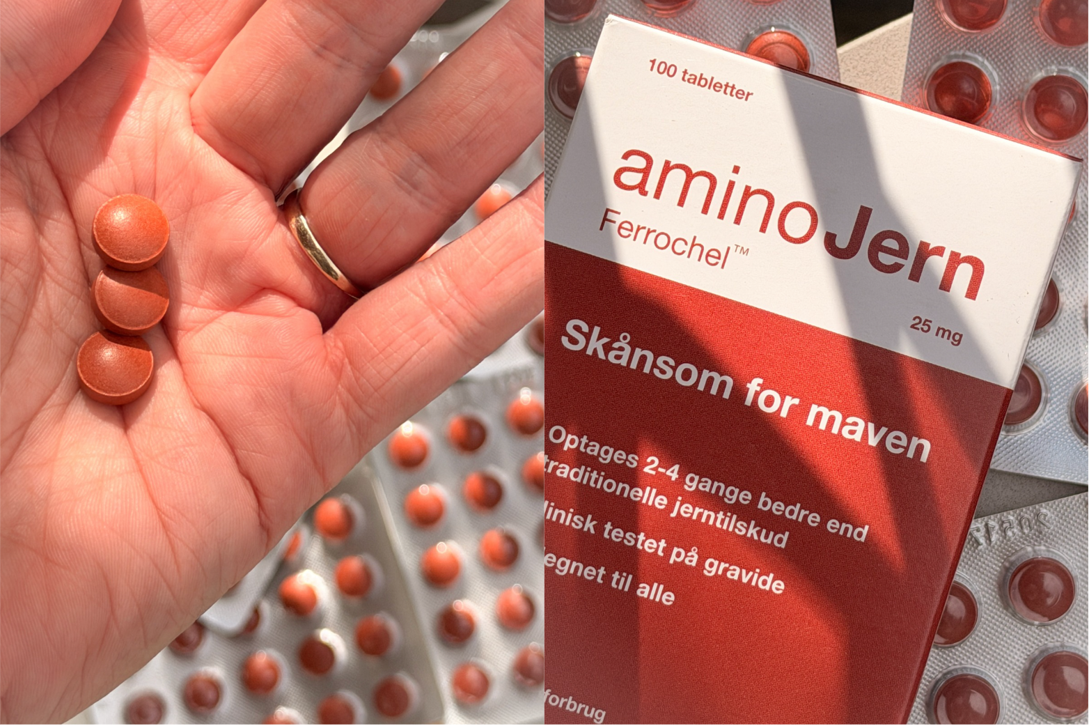 Hånd holder tre rødbrune piller. Produkt: aminoJern Ferrochel™ 25 mg. Tekst på æske: 100 tabletter, Skånsom for maven, Optages 2-4 gange bedre end traditionelle jerntilskud, Klinisk testet på gravide, Egnet til alle.