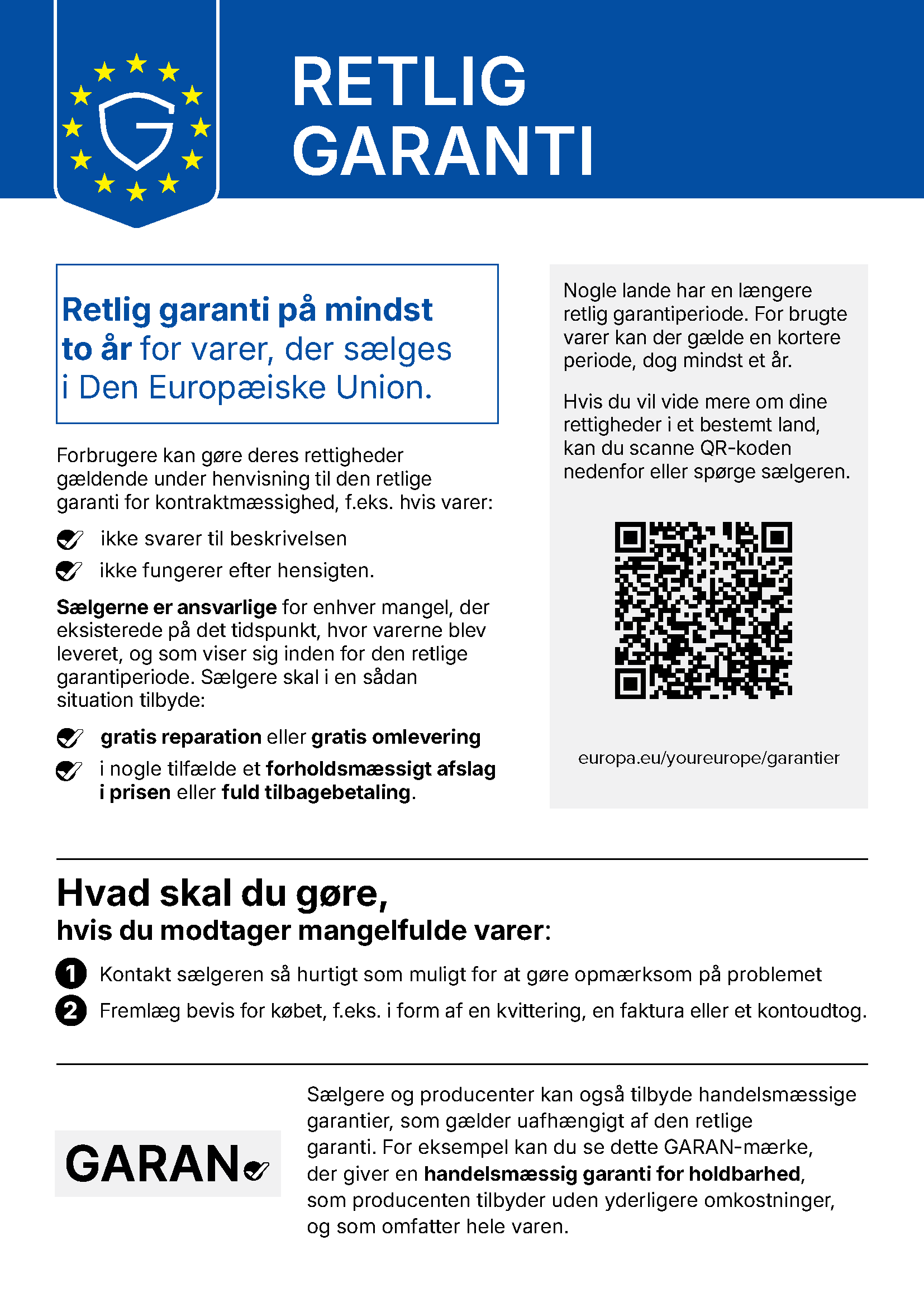 Infografik med titlen 'Retlig Garanti'. Beskriver forbrugeres rettigheder under EU's lovpligtige garanti: mindst 2 års garanti for varer solgt i EU. Sælgere er ansvarlige for fejl, og skal tilbyde gratis reparation, omlevering, forholdsmæssigt afslag i pris eller fuld tilbagebetaling. Indeholder instruktioner om, hvad man skal gøre ved mangelfulde varer: kontakt sælger og fremlæg købsbevis. En QR-kode og link (europa.eu/youreurope/garantier) henviser til mere information. Bemærker, at nogle lande har længere garantiperioder, og at der kan gælde kortere perioder (min. 1 år) for brugte varer. Omtaler også handelsmæssige garantier.