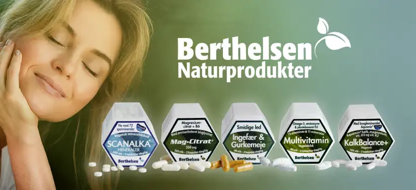 Her ses fem Berthelsen produkter med en kvinde til venstre. Baggrunden er blå-grøn.