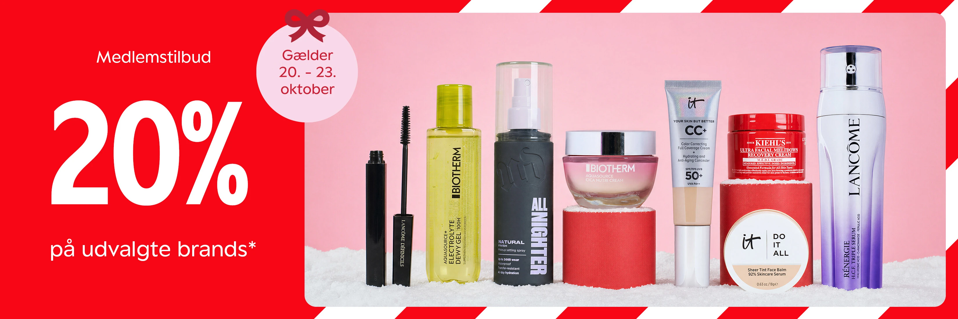 Medlemstilbud: 20% rabat på udvalgte brands som Biotherm, Lancôme, IT Cosmetics og Kiehl's. Gælder 20.-23. oktober.