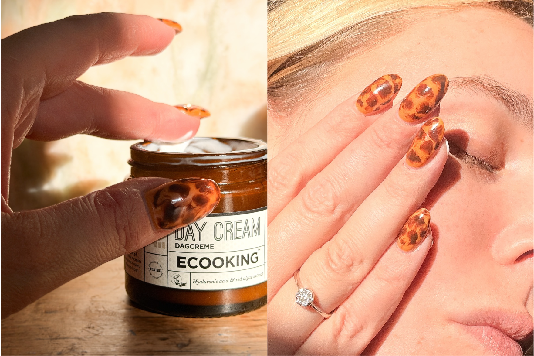 ECOOKING Dagcreme påføres. Krukke: 'DAY CREAM DAGCREME Vegan Hyaluronic acid & red algae extract'.
