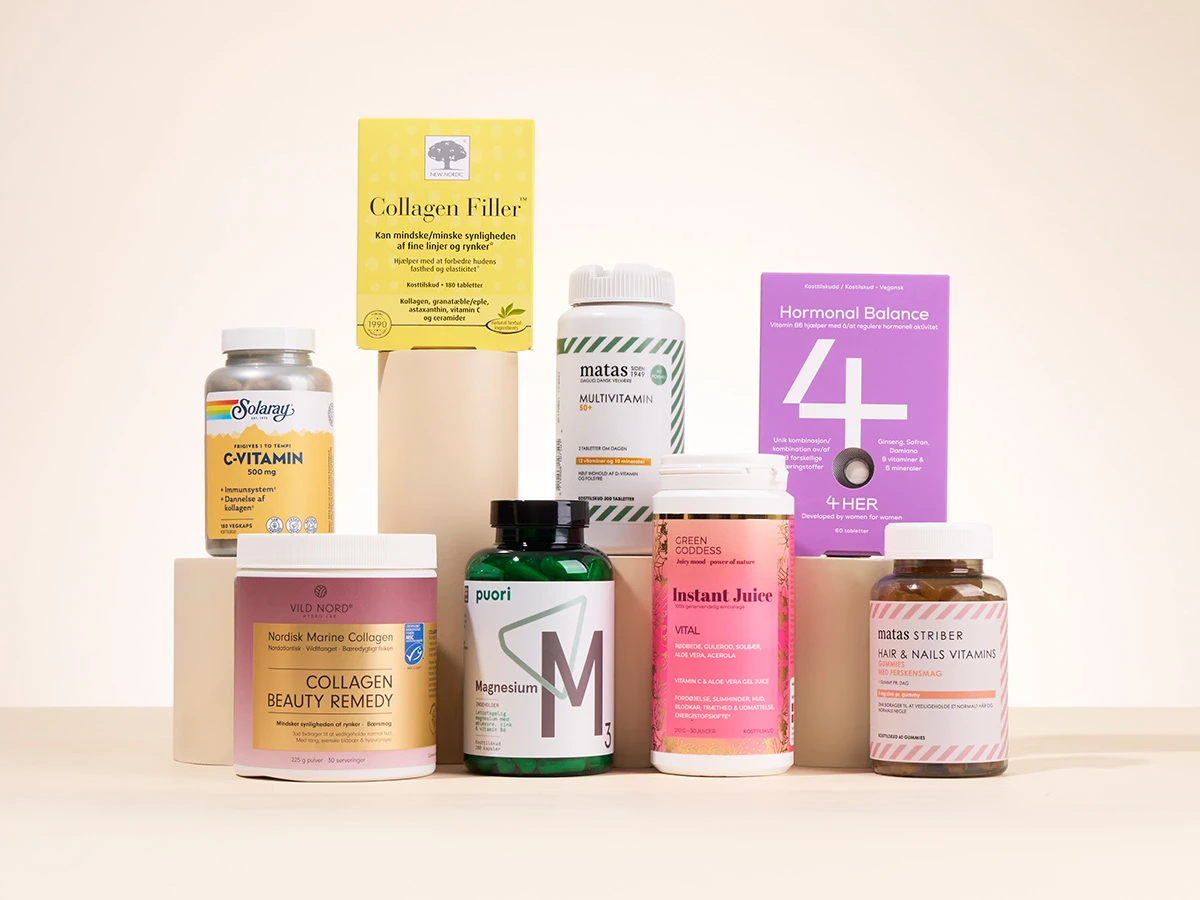 En række kosttilskud, herunder collagen, C-vitamin, multivitamin, hormonbalancetilskud, magnesium og hår-/negle vitaminer.