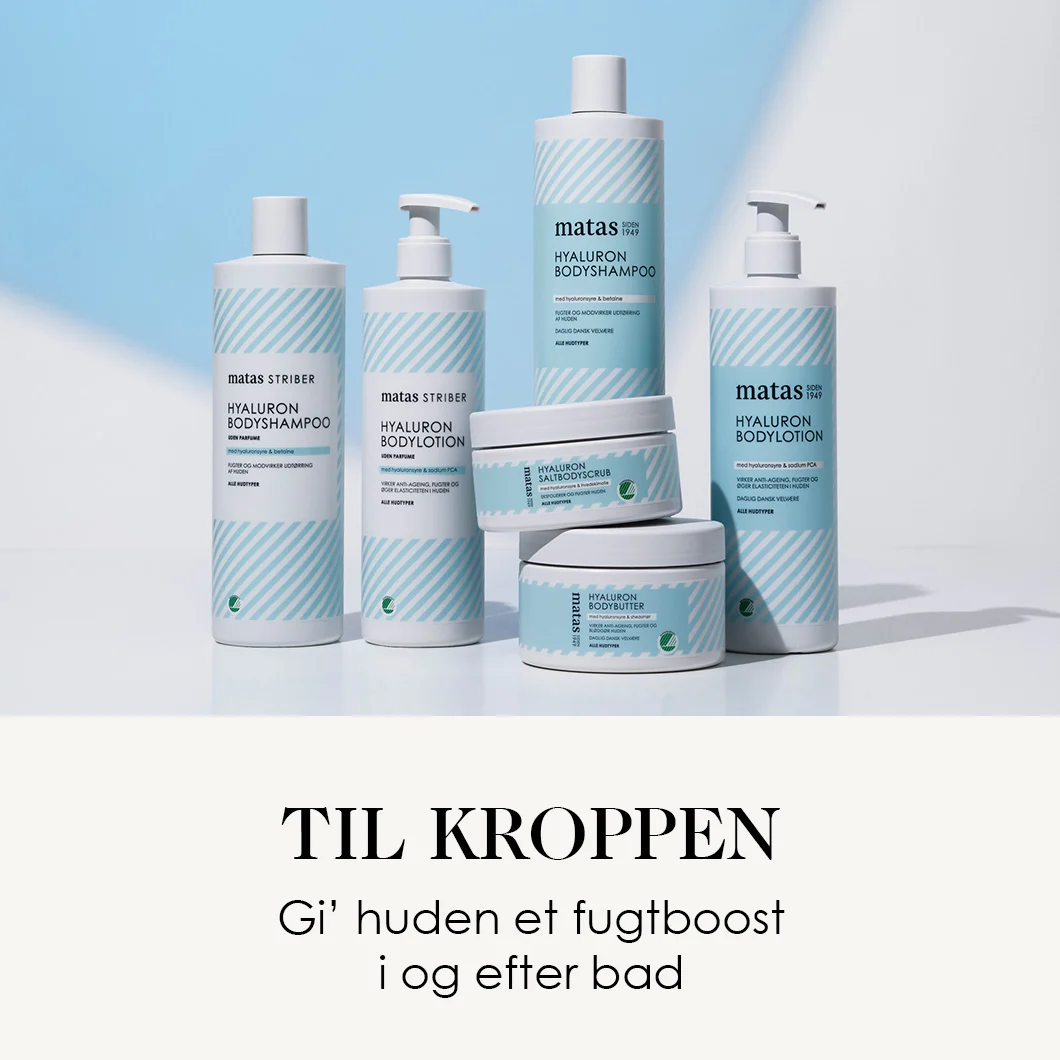 Her ses Matas Striber Hyaluron Bodyshampoo, Bodylotion, Bodybutter og Saltbodyscrub på en lys baggrund.