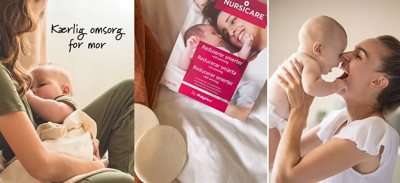 Her ses tre billeder hvor der på to er mennesker og på det midterste et Nursicare produkt.