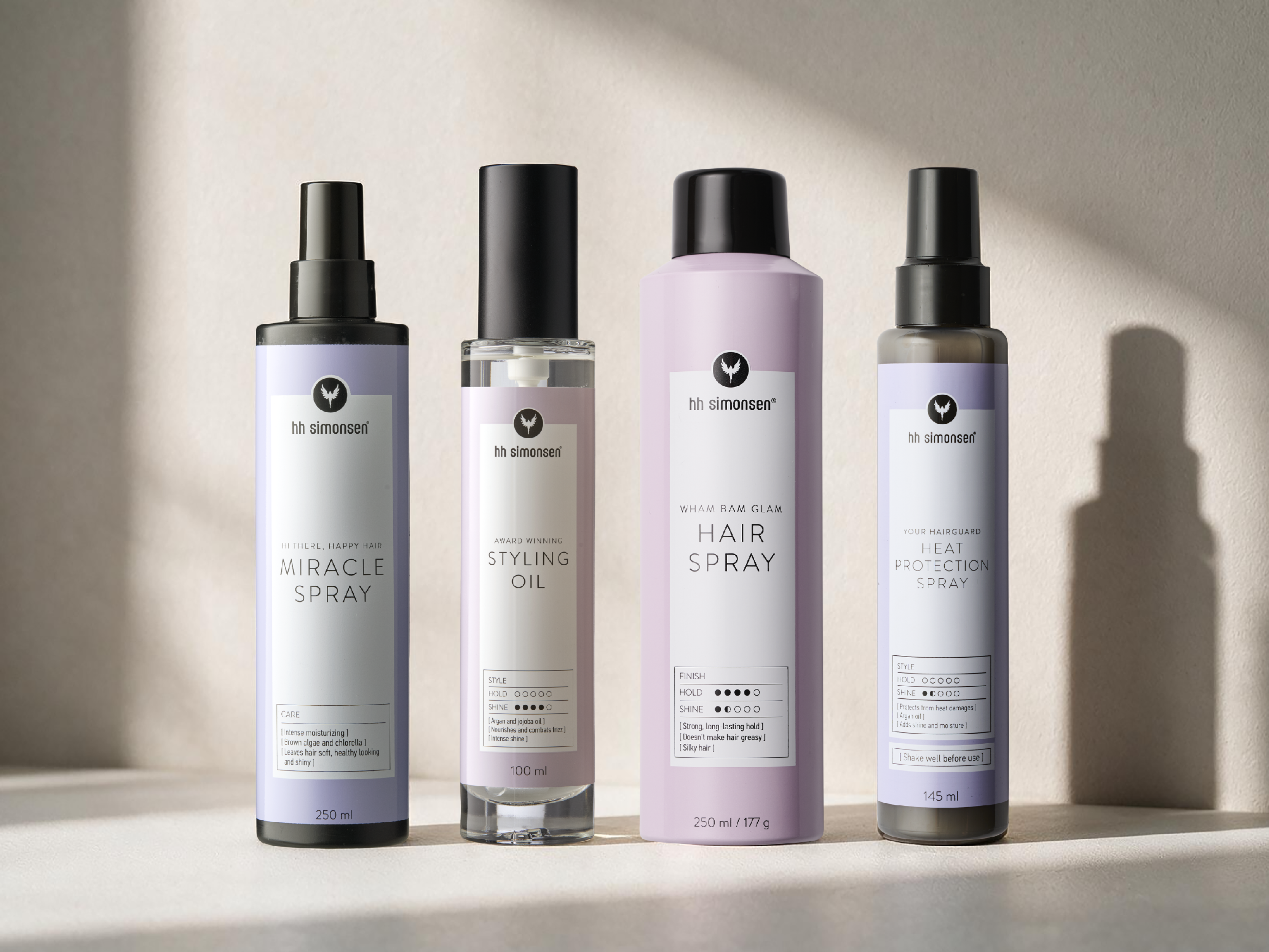 Fire HH Simonsen hårprodukter: Mirakelspray, Stylingolie, Hairspray med stærkt hold og Varmebeskyttelsesspray.