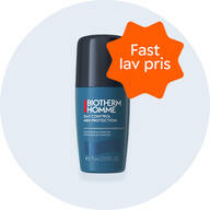 Her ses en mørkeblå og sort deodorant. Den er til mænd og er fra Biotherm. Baggrunden er lyseblå.