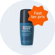 Her ses en mørkeblå og sort deodorant. Den er til mænd og er fra Biotherm. Baggrunden er lyseblå.