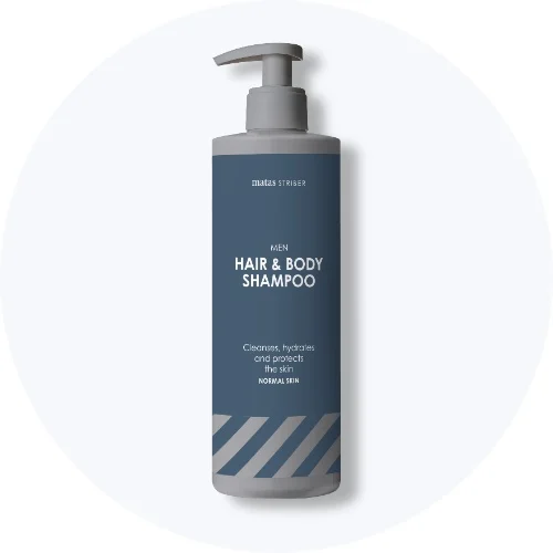 Her ses en Matas Striber Men hair & body shampoo i blå og grå emballage med pumpe på en lys baggrund.
