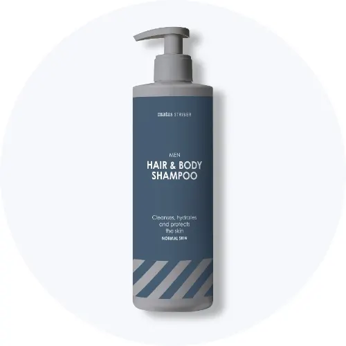 Her ses en Matas Striber Men hair & body shampoo i blå og grå emballage med pumpe på en lys baggrund.
