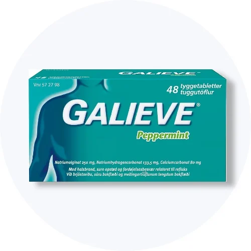 Galieve Peppermint tyggetabletter i turkis æske på lys grå baggrund.
