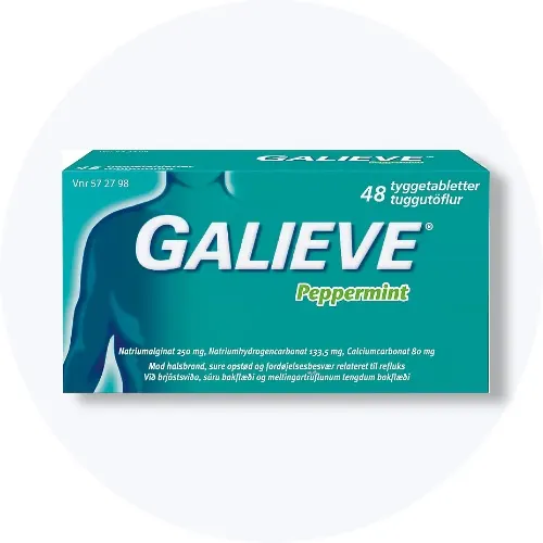 Galieve Peppermint tyggetabletter i turkis æske på lys grå baggrund.