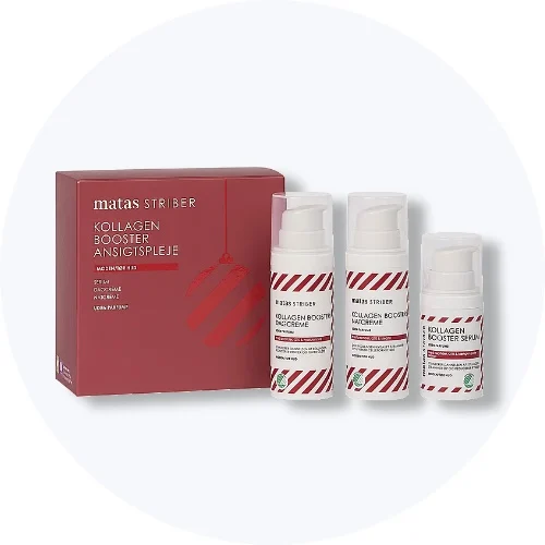Matas Striber Kollagen Booster ansigtsplejesæt med dagcreme, natcreme og serum i rød gaveæske med julemotiv.