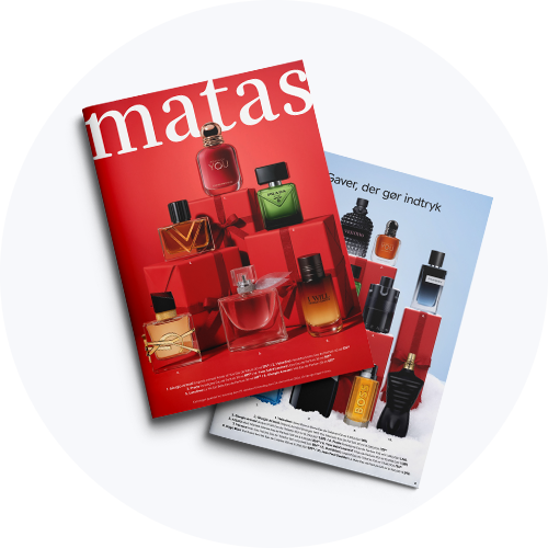 Matas brochure med parfumer og gaveæsker. Tekst: 'matas', 'YOU', 'Gaver, der gør indtryk', 'BOSS'.
