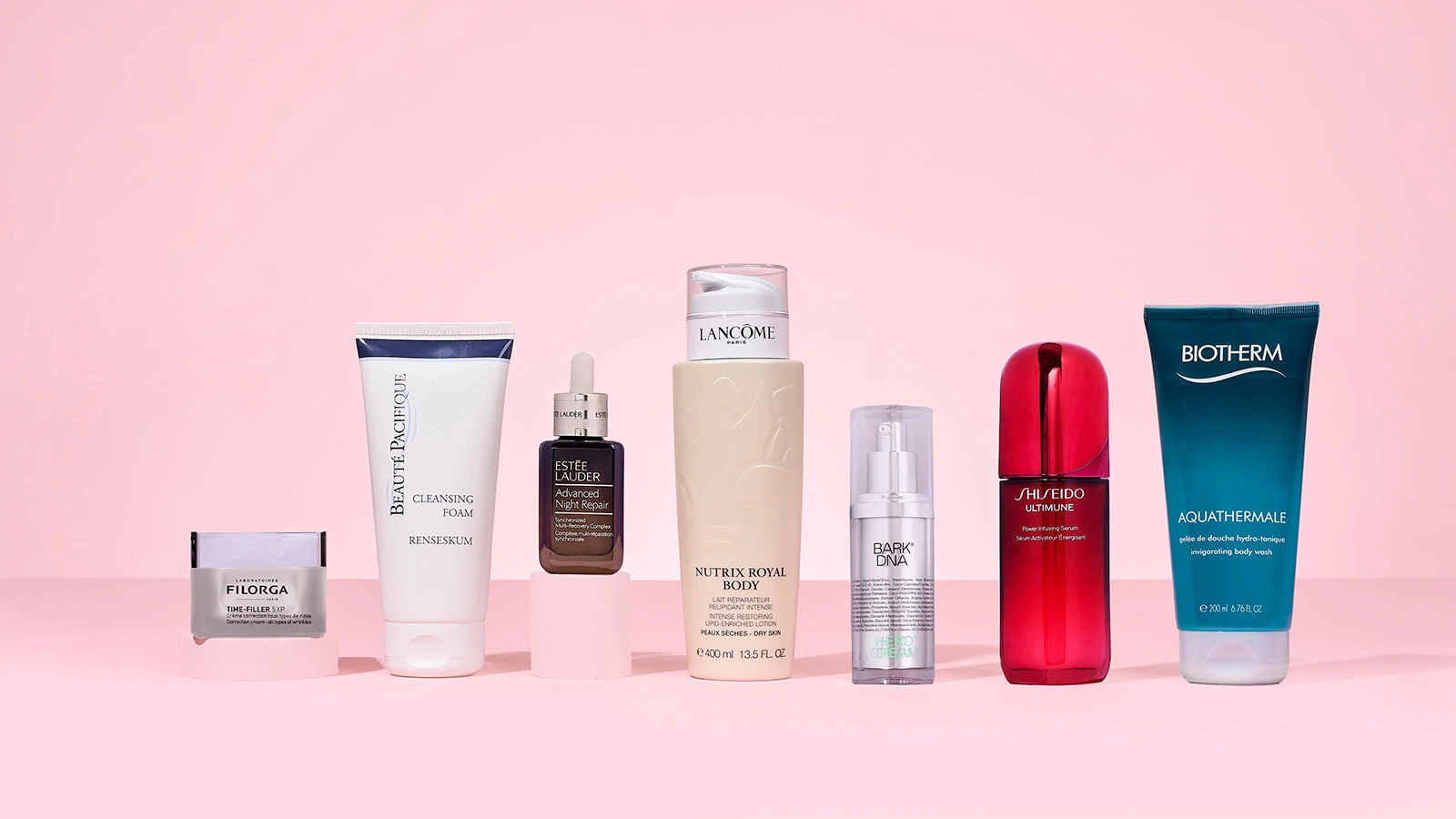Udvalg af hudplejeprodukter: Filorga, Beaute Pacifique, Estee Lauder, Lancôme, Babor, Shiseido, Biotherm.