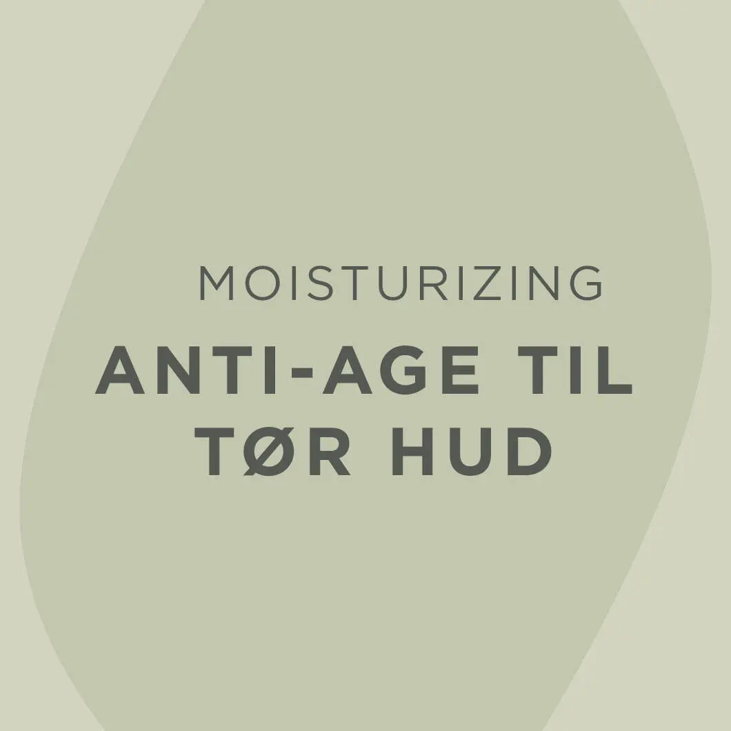 Grafisk billede med lysegrøn baggrund og bløde former. I midten står teksten ‘Moisturizing Anti-Age til tør hud’ i mørke bogstaver.