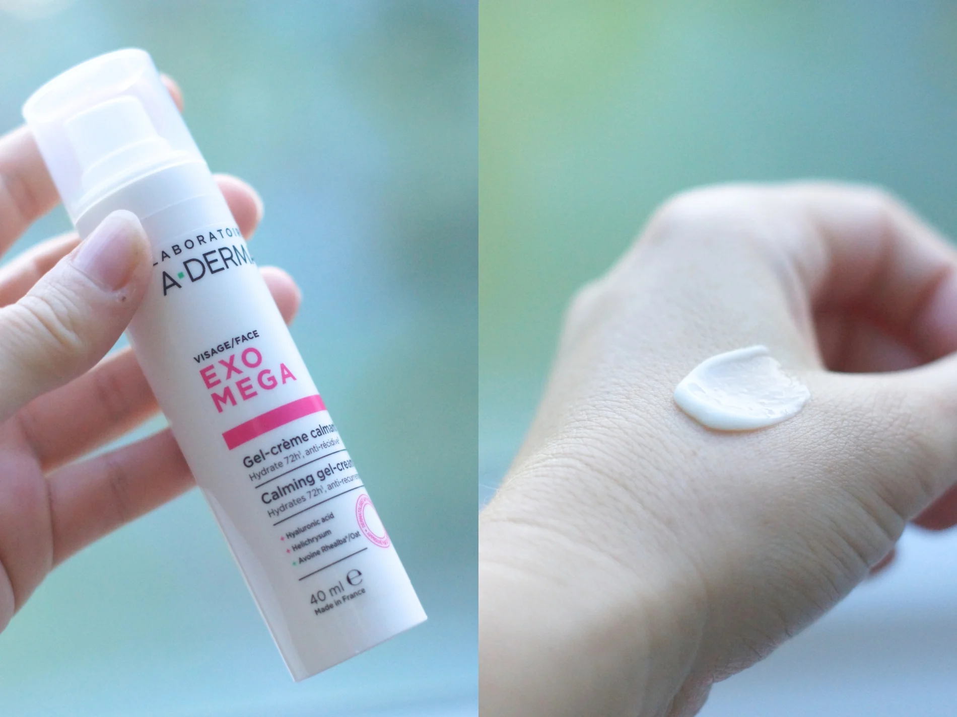 En hånd holder en flaske A-DERMA EXOMEGA Calming Gel-Cream, og en anden hånd viser en klat hvid creme.