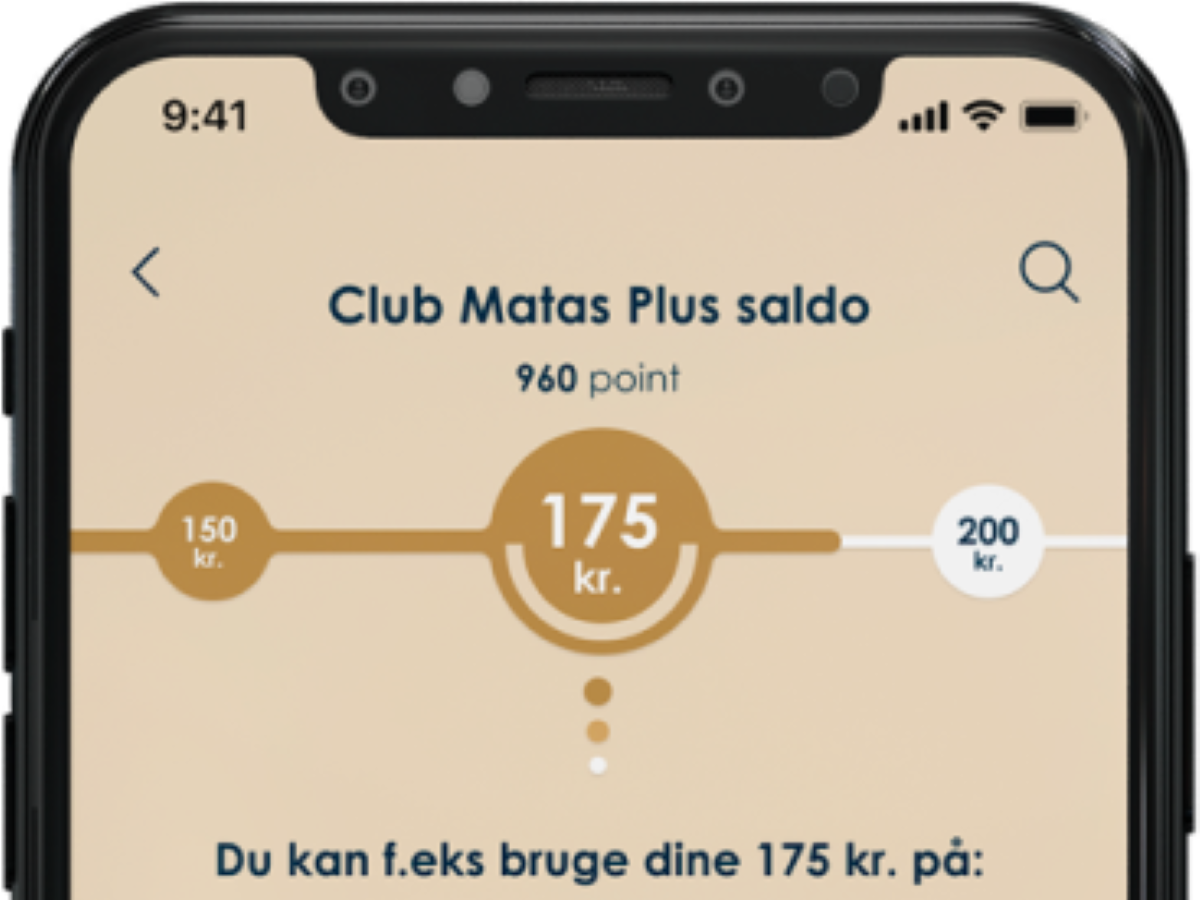 Her ses det øverste af en mobilskærm. Her ses en Club Matas Plus saldo.