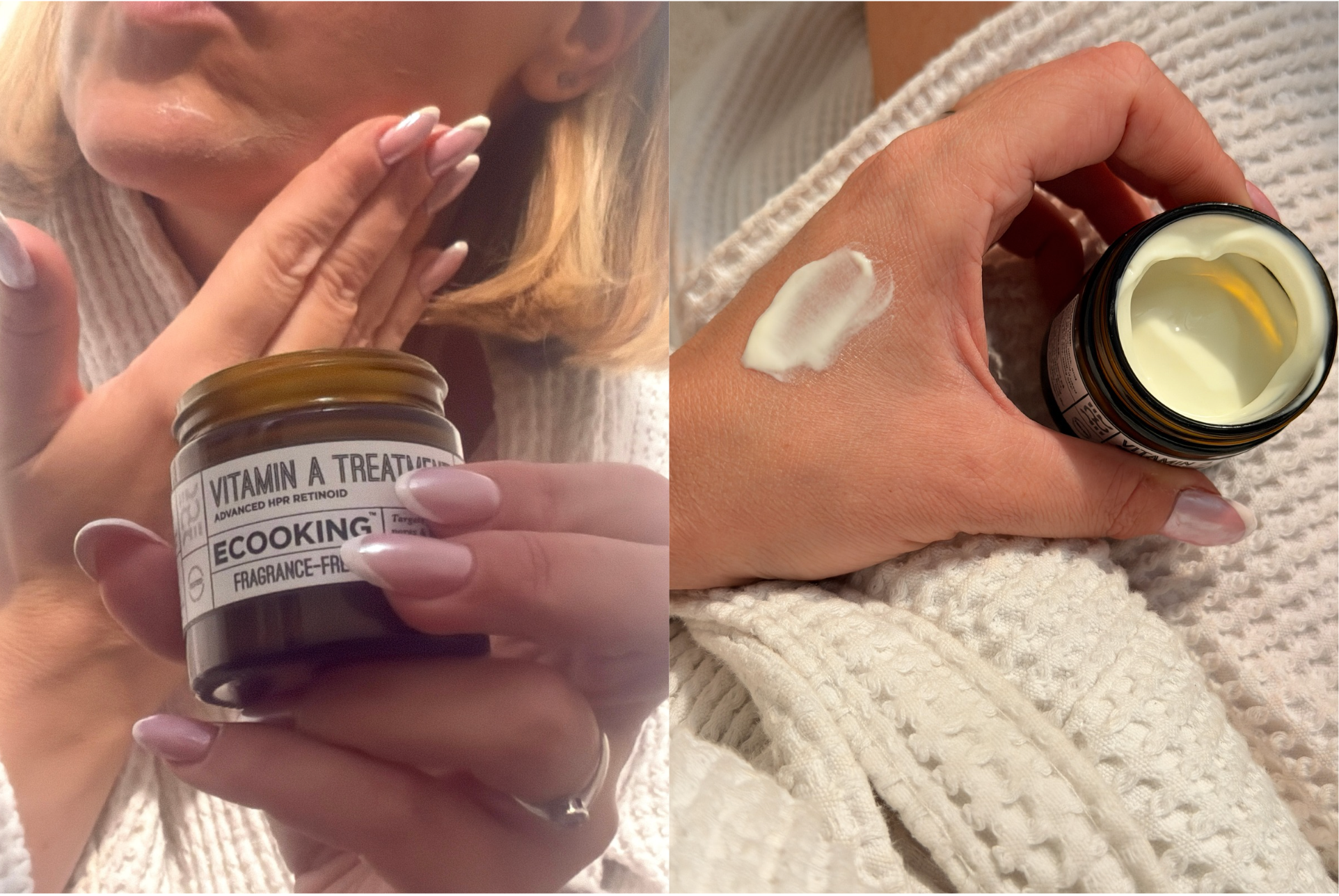 Person påfører Ecooking Vitamin A Treatment creme. Ved siden af ses den åbne krukke og en klat creme på en hånd.