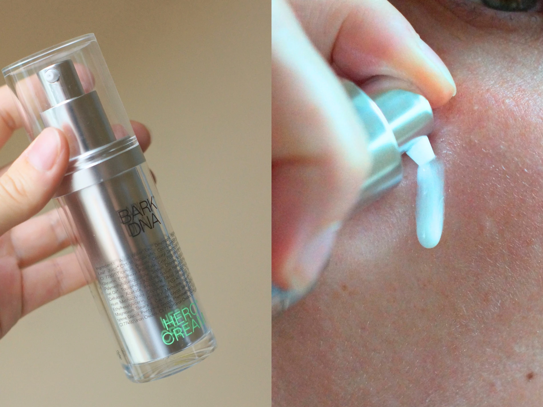 Hånd holder en BARK DNA HERO CREAM dispenserflaske, med et nærbillede af cremen der dispenseres på huden.