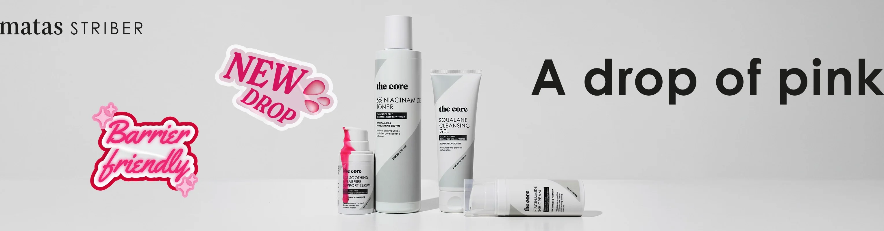 Her ses The Core B12 Soothing & Barrier Support Serum sammen med øvrige The Core-produkter på en lys baggrund.
