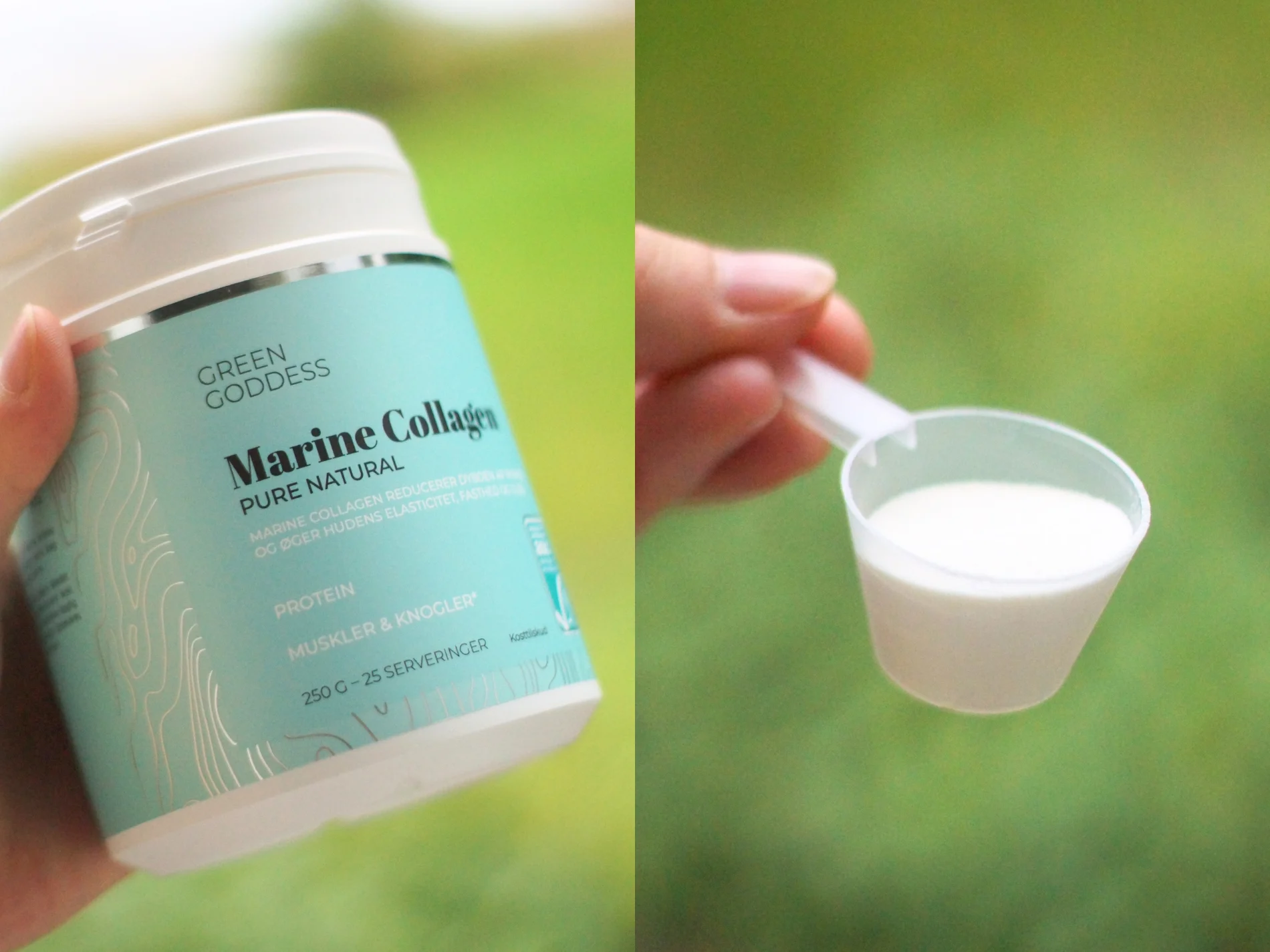 Green Goddess Marine Collagen Pure Natural beholder og en portion i ske.