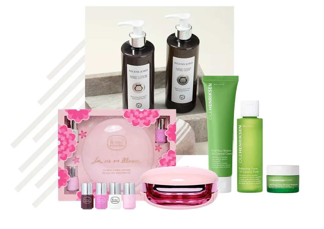 Gaveidéer med Nilens Jord håndsæbe og håndlotion, rosa manicure-gavesæt og grøn hudplejeserie fra Ole Henriksen.