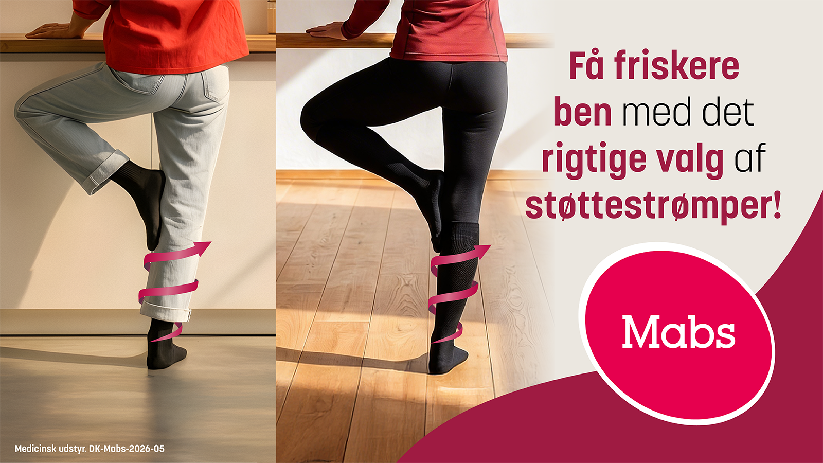 Få friskere ben med det rigtige valg af støttestrømper! Mabs. To par ben, der illustrerer kompressionseffekt.