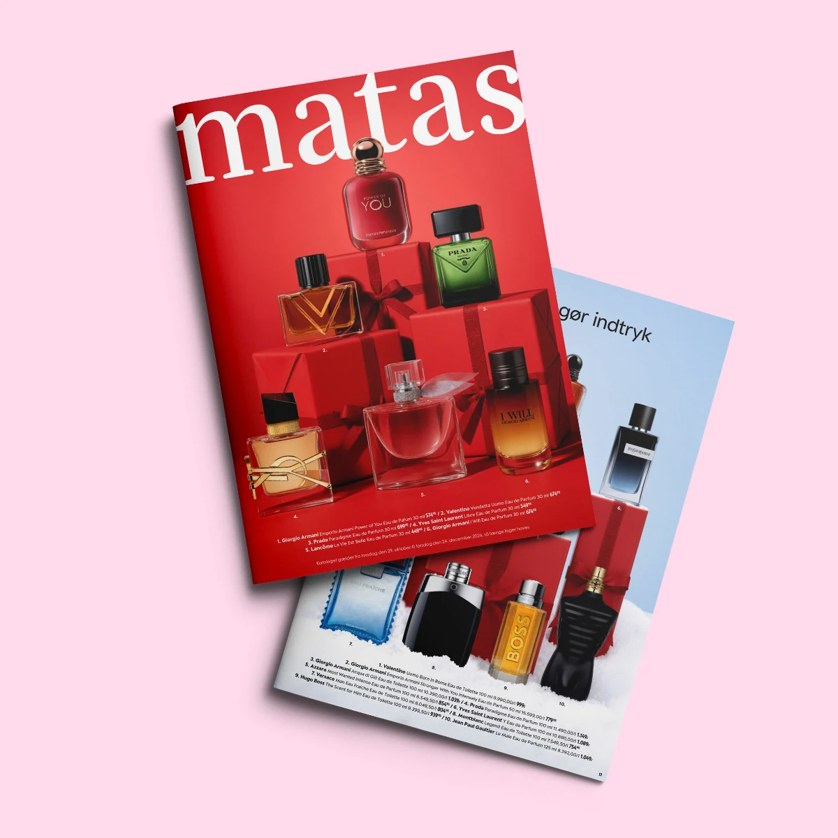 To Matas-kataloger, der viser et udvalg af parfumer. En katalog har overskriften 'gør indtryk'.