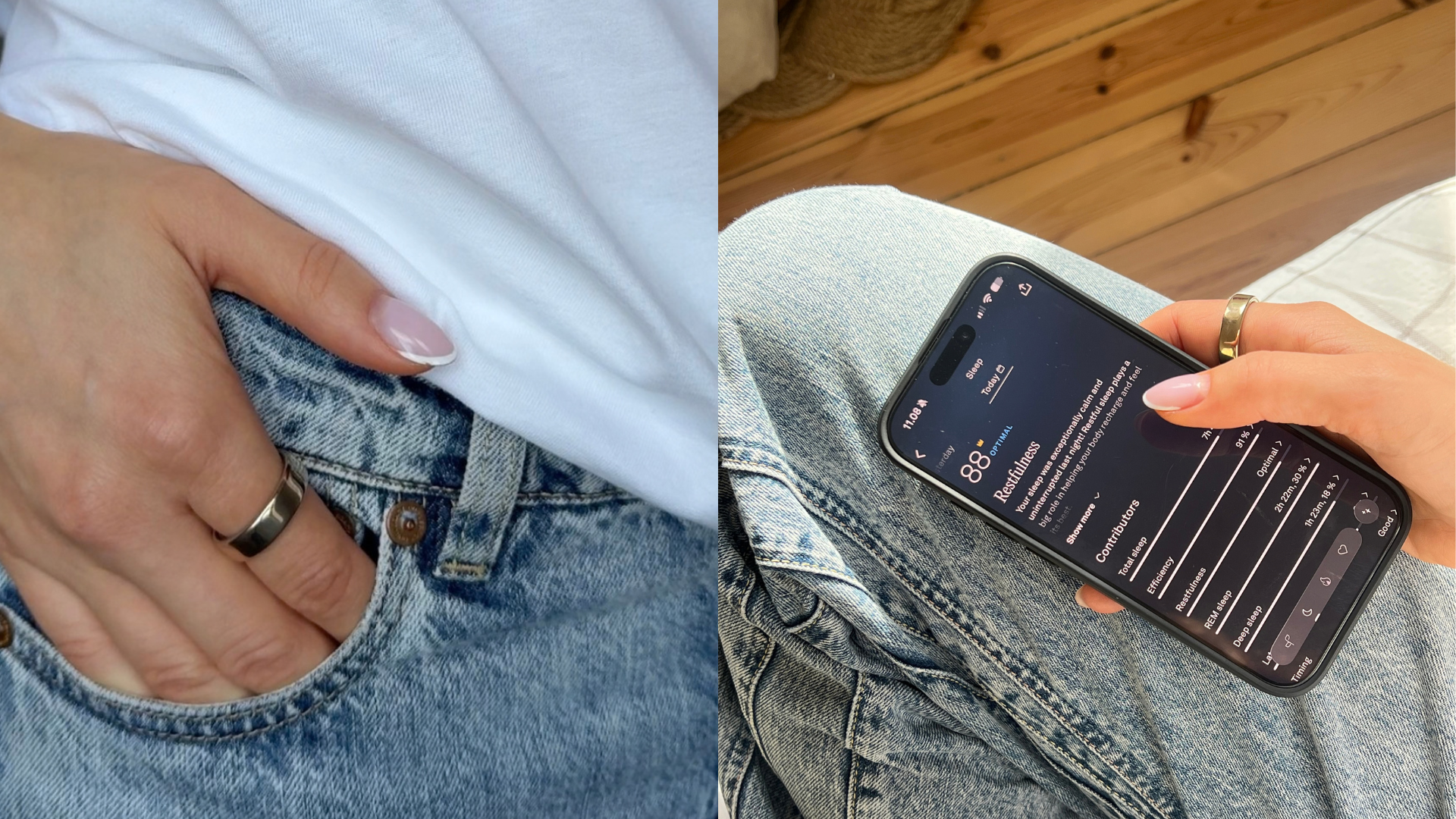 Smartphone med en søvnapp, der viser 'Restfulness 88 Optimal'. Tekst: 'Din søvn var usædvanlig rolig og uafbrudt i nat!'