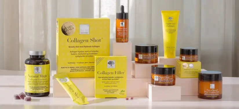 Her ses en masse forskellige New Nordic produkter i gul og brun. 