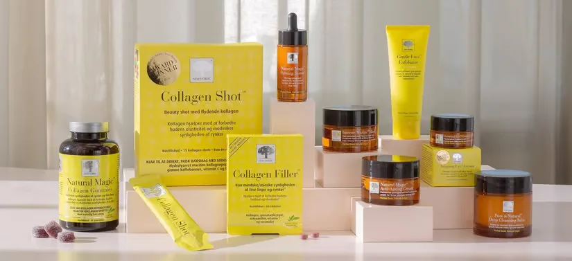 Her ses en masse forskellige New Nordic produkter i gul og brun. 