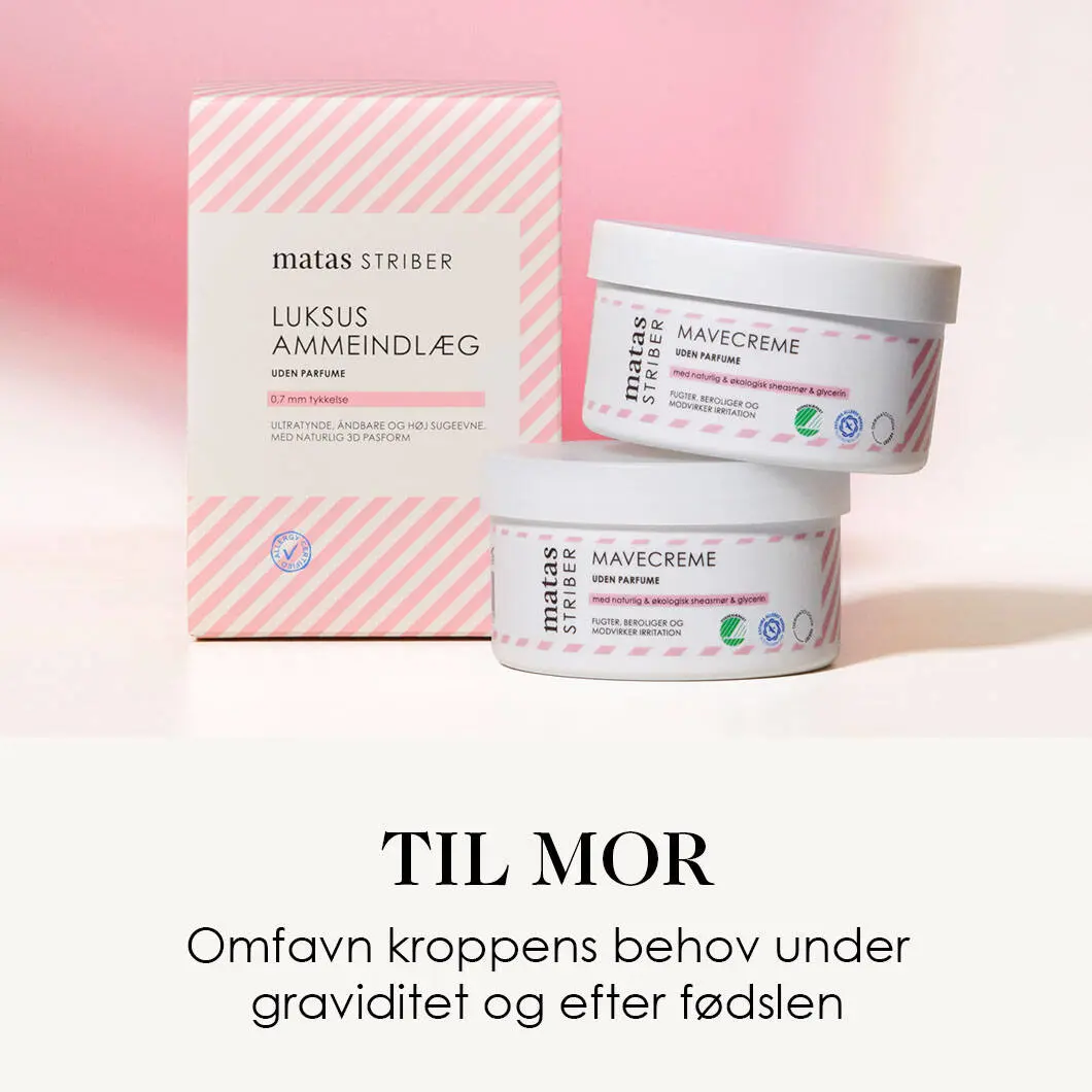 Her ses en lyserød baggrund med tre lyserøde og hvide Matas Striber produkter til mødre. Nederst er en hvid baggrund med en sort tekst.