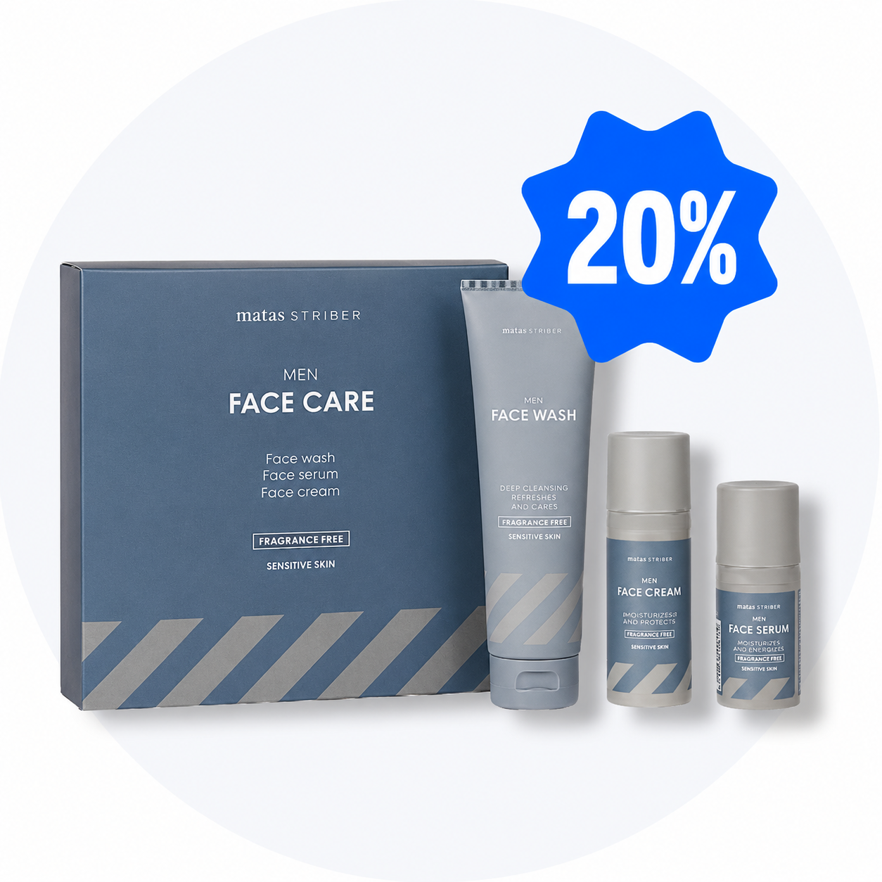 Matas Striber Men Face Care sæt med ansigtsvask, ansigtsserum og ansigtscreme. Duftfri og til sensitiv hud. 20% rabat.
