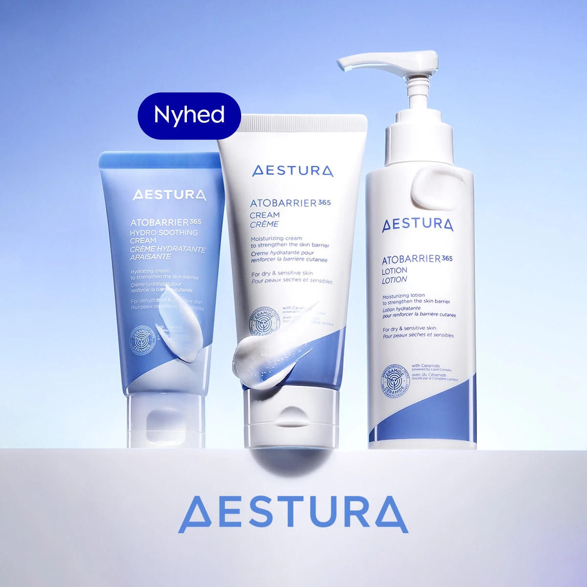 Nyhed: Tre Aestura ATOBARRIER 365 produkter – Hydro Soothing Cream, Cream og Lotion – til tør og sensitiv hud.