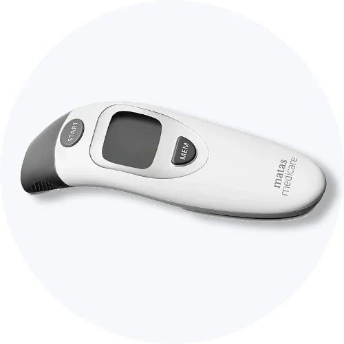 Matas Medicare digitalt termometer i hvidt design på lys grå baggrund.