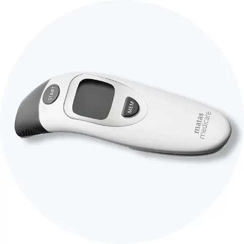 Matas Medicare digitalt termometer i hvidt design på lys grå baggrund.