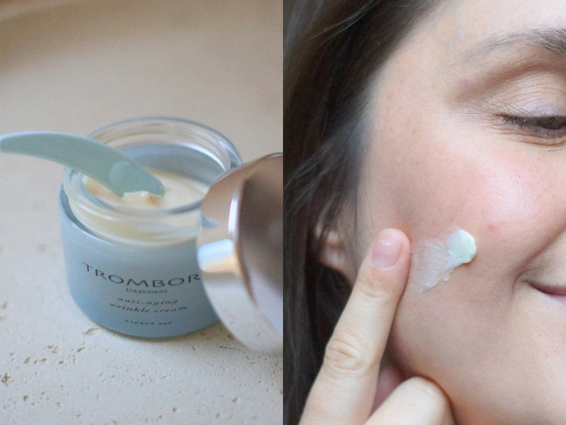 Krukke med TROMBORG treatment anti-aging wrinkle cream expand age og spatel, samt en person påfører cremen på kinden.