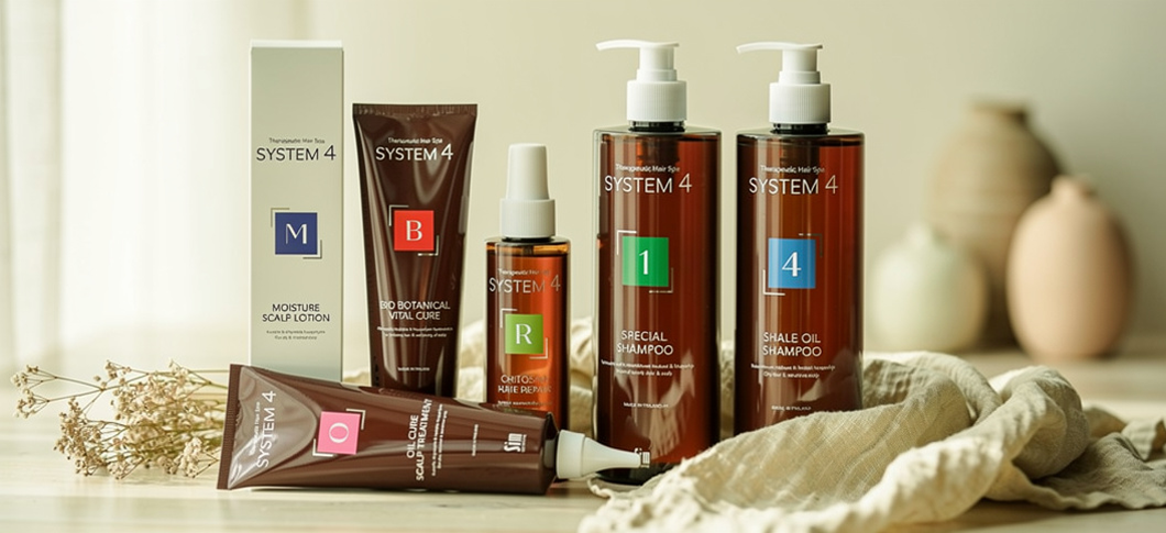 Her ses et billede med flere hårplejeprodukter fra System 4 placeret på en lys overflade mod en lys baggrund. På produkterne står teksten “SYSTEM 4” samt varianter som “Moisture Scalp Lotion”, “Special Shampoo” og “Shale Oil Shampoo”. Produkterne er i hvide og brune emballager med farvede markeringer.