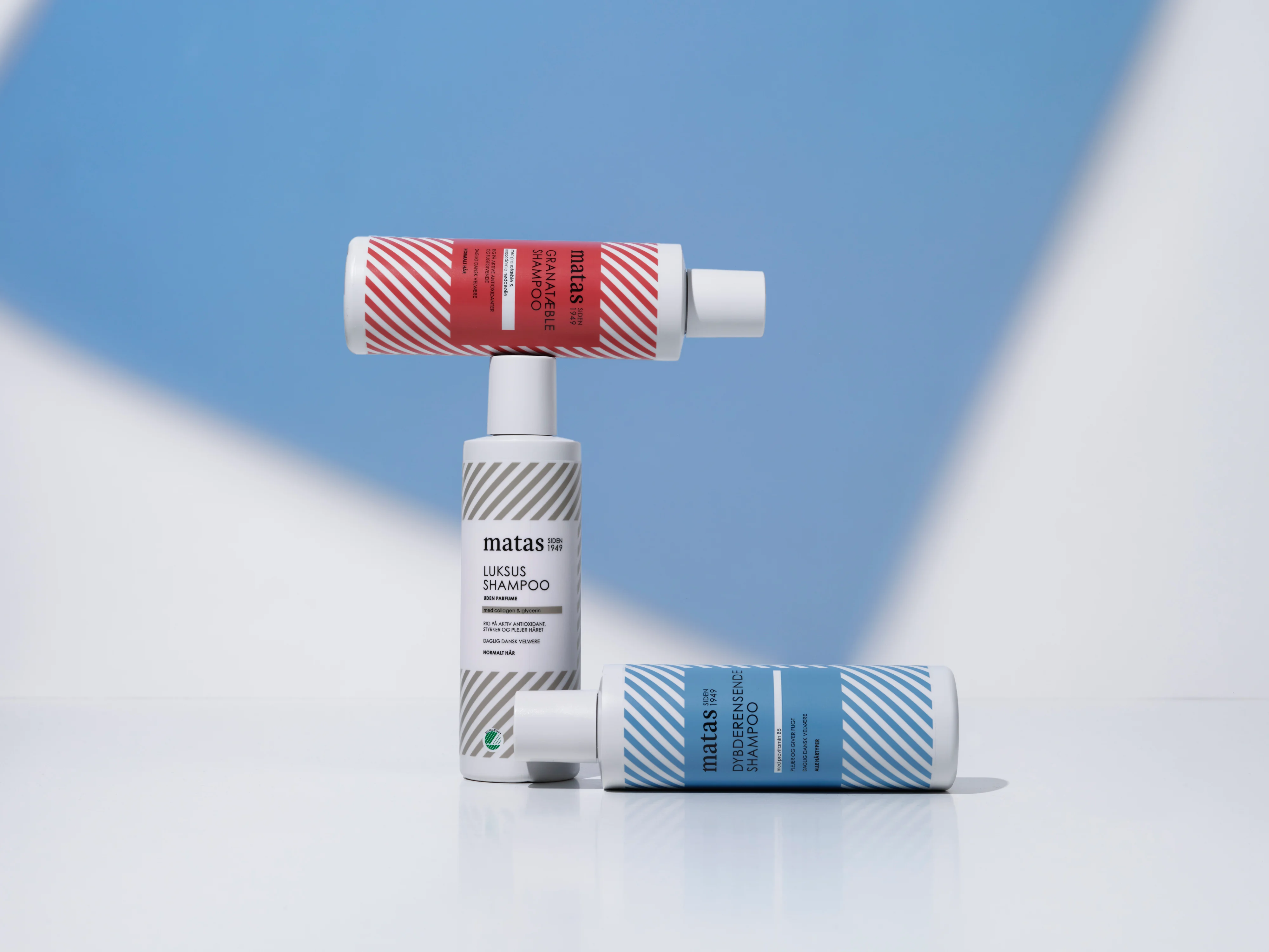 Her ses tre forskellige shampoos fra Matas Striber. Der er en rød og hvid, en grå og hvid samt en blå og hvid. Baggrunden er blå og hvid. Under ses en sort tekst på en hvid baggrund.